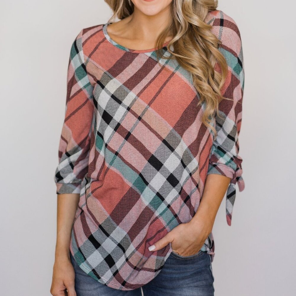 Cute Plaid 3/4" Inch Tie Sleeve Top - SMALL - Gently Worn
